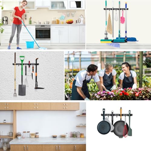 Huryfox Mop and Broom Holder Wall Mounted - Sturdy Stainless Steel Rack with Utility Hooks, 4 Racks, 3 Hooks Adjustable Design and Multiple Storage Organiser Options, Perfect for Kitchen, Laundry - size: 4 Racks and 3 Hooks