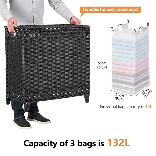 Laundry Hamper with 3 Removable Liner Bags; 132L Handwoven Rattan Laundry Basket with Lid & Heightened Feet; Clothes Hamper with Side Handles; Laundry Sorter with 3 Separate Sections - color: Black, size: 132L-3 Section