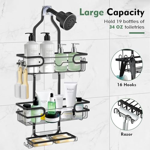 Shower Caddy Hanging, Over Head Shower Caddy Shower Storage Rack Basket with Hooks for Razor and Sponge Rustproof, No Drilling, Accessories for Bathroom and Kitchen, Black2 - color: Black