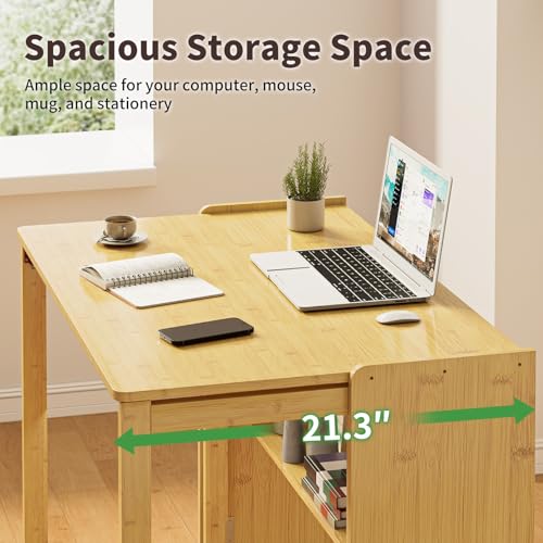 Bamboo Foldable Desk, Folding Desks for Small Spaces, Mid Century Small Computer Desk with Bookshelf for Bedroom Home Office, Natural - color: Natural, size: 21.3"D x 32.7"W x 29.5"H