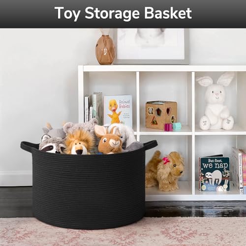 Goodpick Blanket Basket 19.7'' x 12.6'', Woven Storage Baskets, Cotton Rope Toy Storage for Kids, Home Decor for Living Room, 65L Black - color: Black, size: 19.7x19.7x12.6 Inch (Pack of 1)
