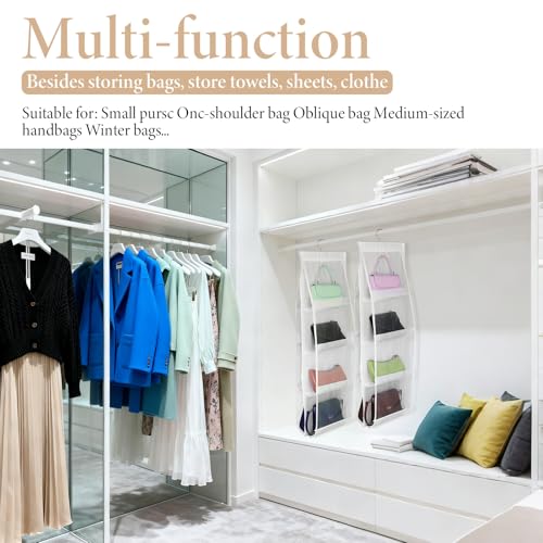 4 Pack Hanging Handbag Purse Organizer for Closet, 8 Pockets Space Saving Purse Storage Organizers Handbag Organizer Holder with Thicken Metal Hooks for Women Wardrobe(White, 41” x 13.8”)