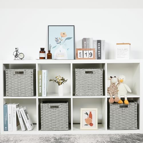 DULLEMELO Wicker Baskets With Liner Set of 4, 11x11x11 Inch Collapsible Storage Bins, Decorative Organizing Baskets, Light Grey - color: Light Grey, size: 11"-4 pack
