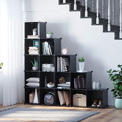 C&AHOME Cube Storage Organizer, 16-Cube Shelves Units, Plastic Storage Cubes, DIY Closet Organizer, Modular Closet Storage Shelves Ideal for Home, Bedroom, 48.4" L × 12.4" W × 48.4" H Black SUM3016H - color: Black