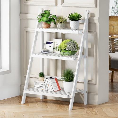 oakvivo Bamboo Bookshelf 3-Tier Ladder Shelf, 39.4” Freestanding Open Bookcase Book Shelf Bathroom Storage Shelf Unit Plant Stand for Small Space, Living Room, Bedroom, Home Office, White - color: 3-tier White