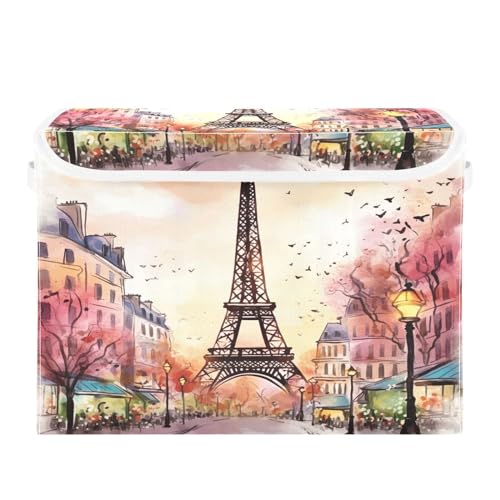 xigua Watercolor Paris Storage Bins with Lids and Carrying Handle,Foldable Storage Boxes Organizer Containers Baskets Cube with Cover for Home Bedroom Closet Office - color: Watercolor Paris