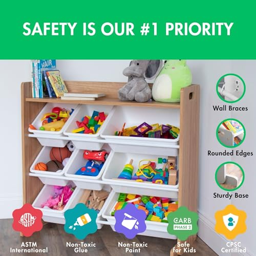Humble Crew Toy Storage Organizer with Top Shelf and 9 Removable Bins, Natural/White – Toddler Bookshelf with Toy Organizer - Modern Toy Rack Ideal for Kids' Rooms, Playrooms, and Nurseries - color: Natural Wood/White