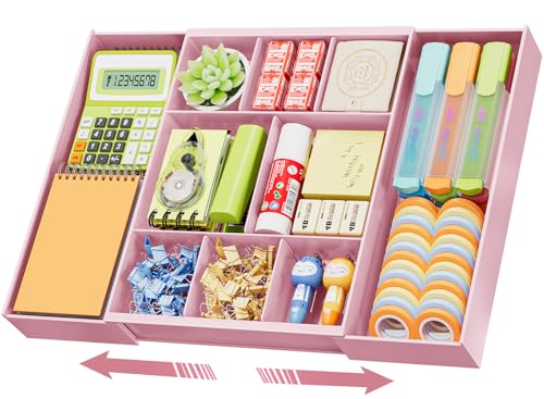 Marbrasse Expandable Desk Drawer Organizer, Clear Plastic Drawer Organizer Tray with 10 Adjustable Compartments, Desk Organizers and Accessories, 5 Drawer Dividers for Office Supplies, Makeup (Pink) - color: Pink