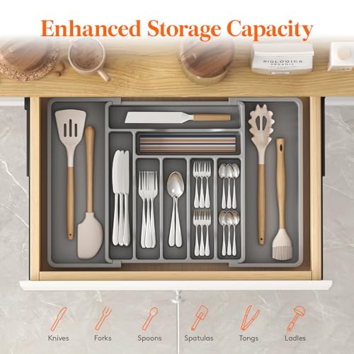 Lifewit Utensil Organizer for Kitchen Drawer, Expandable Cooking Silverware Tray, Adjustable Cutlery Flatware Holder, Plastic Spatula Tools Storage Divider, 13-22.4 x 15", Gray - color: Gray, size: XL (13-22.4"W × 15"D )