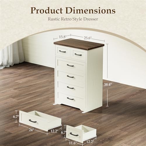 AODK Farmhouse Tall 6 Drawer Dresser for Bedroom, 5-Tier Vertical Storage Chest with Mixed Drawers, Engineered Wood Frame with Anti-Tip Safety, American Country Furniture, Walnut & Vintage White - color: Walnut & Vintage White, size: 15.7"D x 26"W x 38.2"