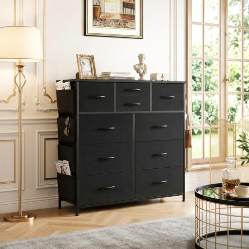 Dresser for Bedroom with Side Pockets and Hooks, 10 Drawers Storage Organizer Chest of Drawers, Sturdy Metal Frame for Living Room, Hallway, Closet, Black - color: Black