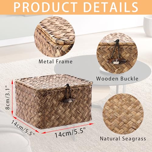 Hipiwe Seagrass Basket with Lid Wicker Storage Basket Square Handwoven Decorative Baskets Box for Shelf Multipurpose Household Baskets Home Decor,X-small - color: Coffee, size: X-small