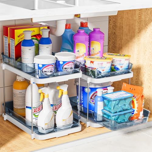 Delamu 2-Tier Multi-Purpose Bathroom Under Sink Organizers and Storage, Stackable Kitchen Pantry Organization, Pull Out Medicine Cabinet Organizer with Movable Dividers, Blue, 2 Pack - color: Blue, size: 2 Pack
