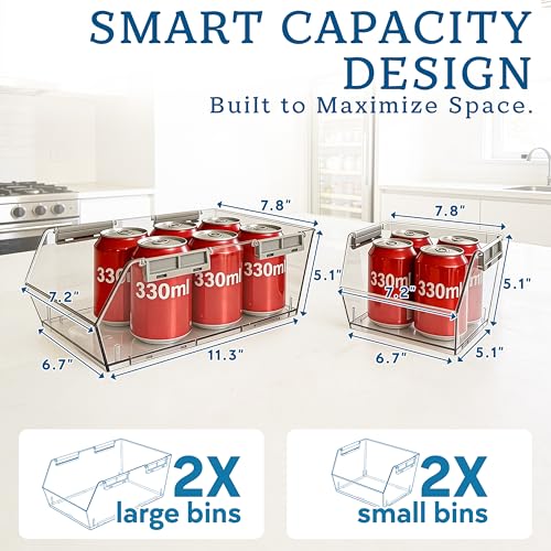 HOMESTEAD Set of 4 Stackable Storage Bins, 2 Large + 2 Small Clear Plastic Organizer Bins, Open Front Design for Kitchen Pantry, Fridge, Cabinet, Bathroom Organization and Snack Storage