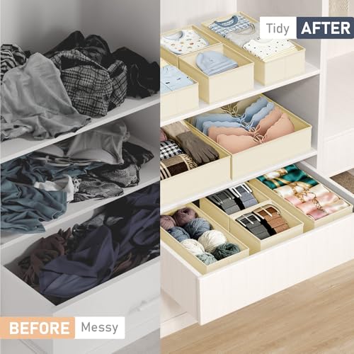 DIMJ Drawer Organizer Clothes - 26 Pack Closet Drawer Organizer Bins for Baby Clothes Storage, Fabric Dresser Organizer for Nursery Bedroom, Foldable Small Drawer Dividers for Underwear Socks - color: Beige, size: 26 Pack