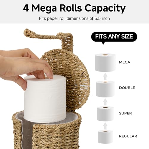 StorageWorks Wicker Seagrass Freestanding Toilet Paper Holder Stand with Storage, Farmhouse Covered Toilet Paper Stand for 4 Rolls with Cloth Lining, Tissue Holder for Bathroom Decor with Shelf - color: Natural（seagrass）, size: 6¾"D(For 4 Roll)