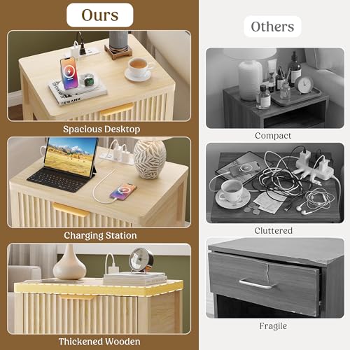 Lulive Night Stand Set 2, Fluted Nightstand with Charging Station, Wood Modern Bedside End Table with Storage Drawer for Bedroom, Save Space (Set of 2, Natural Oak) - color: Natural Oak, size: 1 Drawer-Set of 2 Nightstand