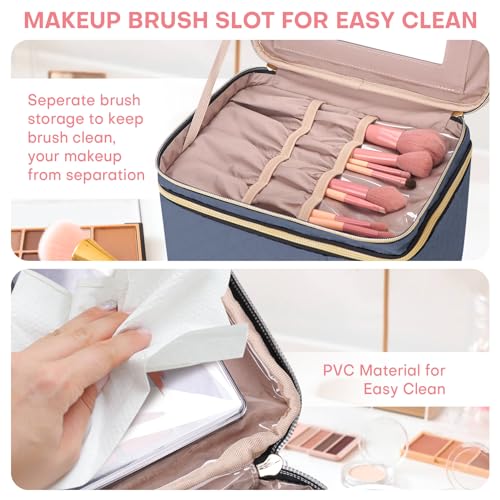 HXLGMD Large Makeup Bag with Mirror Double Layer Travel Make Up Organizer Case, Large Capacity Coemetic with Brush Slot Divider, Travel Toiletry Bag for Women (Aegean Blue) - color: Aegean Blue