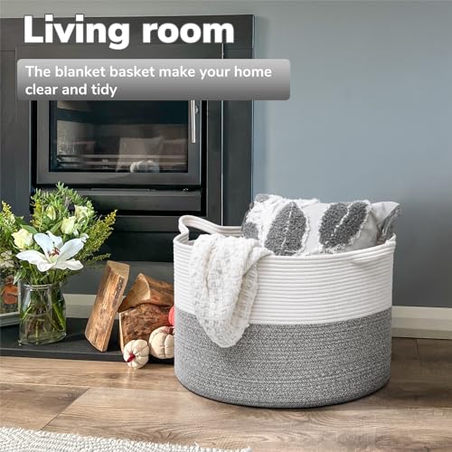 Goodpick Extra Large Rope Basket, 83L Blanket Basket Living Room, Baby Toy Storage, Woven Storage for Clothes, Big Toy Bin for Kids Organizer, 21.7 x 13.8 inches - color: Light Grey, size: 21.7x21.7x13.8 Inch (Pack of 1)