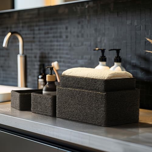 LA JOLIE MUSE Storage Baskets Set 4 - Sturdy Woven Paper Rope Decorative, Stackable Wicker Baskets for Makeup Closet Bathroom Bedroom (Ebony Black) - color: Black