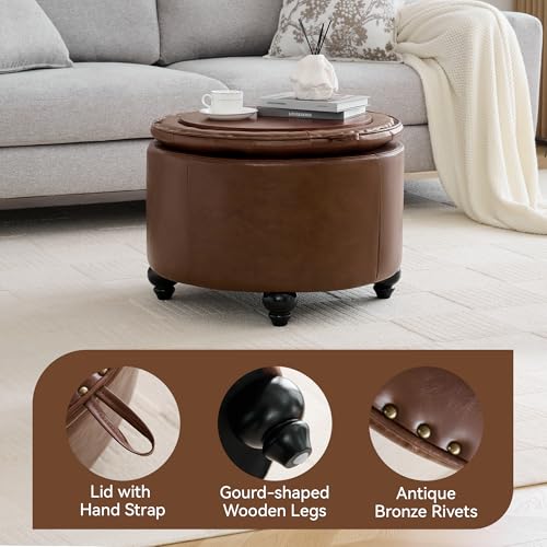 WUTUTUEE 24Inch Round Storage Ottoman with Tray, Modern Tufted Leather Circle Coffee Table with Storage, Upholstered Ottoman with Removable Top for Living Room, Bedroom, Leather Coffee - color: Leather Coffee, size: 24 Inch
