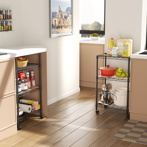 SINGAYE 3 Small Shelves Storage Shelf Wire Shelving Unit Metal Shelf Adjustable Organizers Storage Shelving with Wheels for Bathroom Laundry Room Kitchen Pantry11.5”D x 17.5”W x 30.5”H Black - color: Black, size: 3Tier/11.5"D X 17.5"W X 30.5"H
