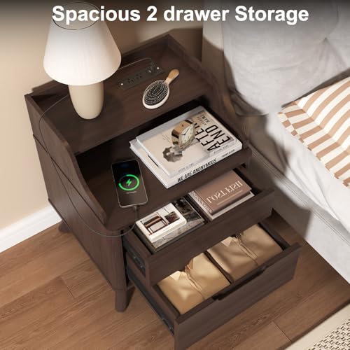 Night Stand with Charging Station, 21" Nightstand with Drawer/Open Shelves, Modern Nightstand w/2 Storage Drawers for Bedroom, Wood Bed Side Table End Table Bedside Table for Dorm, Home Office, Brown - color: Brown, size: 15.8"D x 17.7"W x 21.7"H (2 Drawe