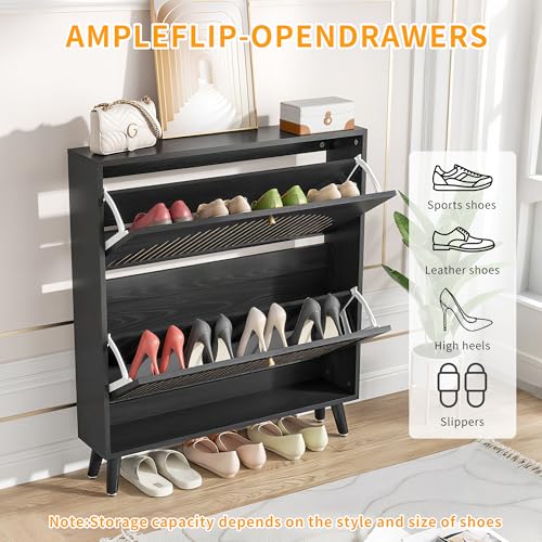 Fsbecl Shoe Storage Cabinet for Entryway with 2 Flip Drawers, Narrow Wood Shoe Cabinet with Fluted Panel, Freestanding Hidden Shoe Organizer for Foyer, Hallway (Black - No Shelf) - color: Black - No Shelf