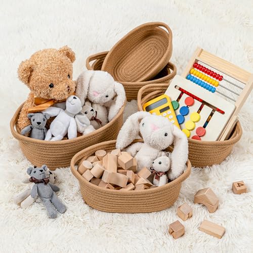 CubesLand Small Cotton Rope Storage Basket Set 5, Shelves Baskets for Organizing with Handle, Decorative Closet Storage Bins for Countertop Toilet Paper Basket for Toilet Tank Top,Brown Basket - color: Tan Brown