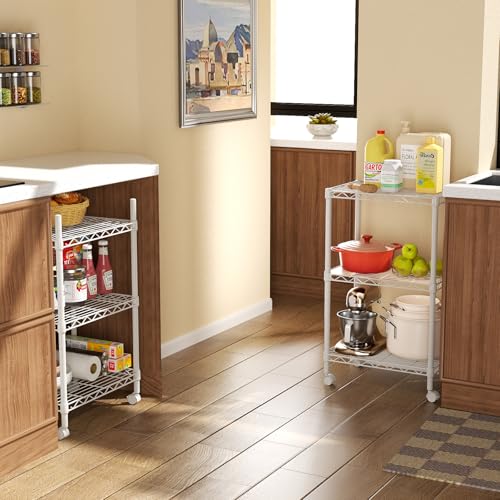 SINGAYE 3 Small Shelves Storage Shelf Wire Shelving Unit Metal Shelf Adjustable Organizers Storage Shelving with Wheels for Bathroom Laundry Room Kitchen Pantry11.5”D x 17.5”W x 30.5”H White - color: White, size: 3Tier/11.5"D X 17.5"W X 30.5"H