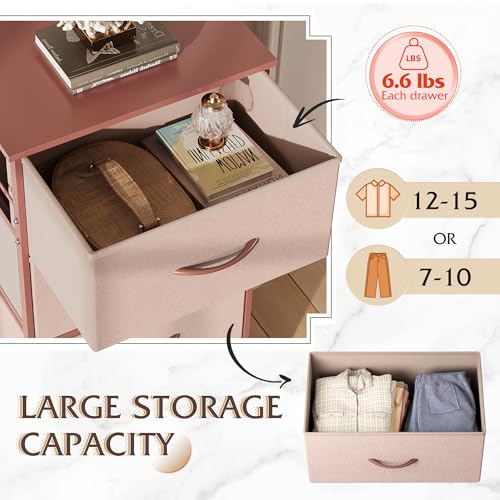 WLIVE 4 Drawers Dresser for Bedroom, Pink Rose Gold Fabric Clothes Storage Organizer Unit, Dresser for Hallway, Entryway, Closets, Sturdy Steel Frame, Wood Top - color: Pink