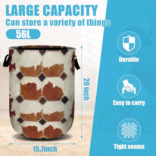Vintage Brown Cowskin Laundry Basket, Laundry Hamper Collapsible Oxford Cloth with Handle Clothes Toy Storage Bin for Bathroom Laundry Room Bedroom 15.7 X 20 Inch - color: Vintage Brown Cowskin