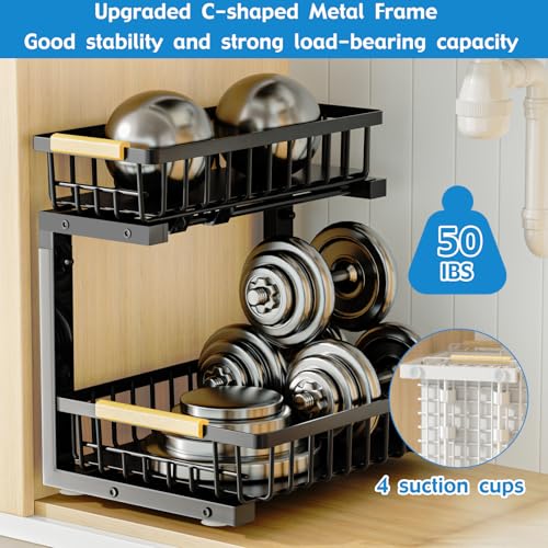 2Pcs Under Sink Organizer, Adjustable Under Sink Organizers and Storage, 2-Tier Pull Out Under Kitchen Sink Organizer, Sliding Out Metal Under Bathroom Sink Organizer for Kitchen Pantry Black - color: Black