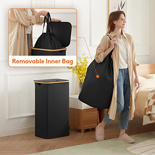 Lifewit 100L Laundry Basket with Lid, Clothes Hampers for Laundry with Bamboo Handles and 1 Removable Bag, Large Foldable Laundry Hamper for Bedroom, Bathroom, Dorm, Laundry Room, Black - color: Black, size: 100L