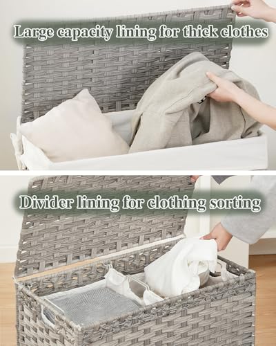 SETVSON Laundry Hamper with Lid Wicker Laundry Basket 112 L (29.6 Gal) Laundry Hampers Handwoven Rattan Clothes Hamper with Handles 3 Removable Liner Bag, 6 Mesh Bags for Bathroom Bedroom Gray - color: Grey, size: 29.6 Gal