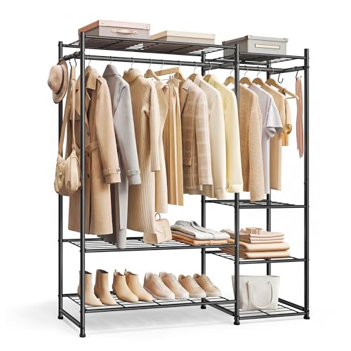 SONGMICS Portable Closet Wardrobe, Clothes Rack, Closet Organizers and Storage, Freestanding Clothing Rack with 7 Shelves, 2 Hanging Rods, Metal Frame Rack, for Bedroom, Entryway, Black ULGR010BZ03S - size: 49.1"L