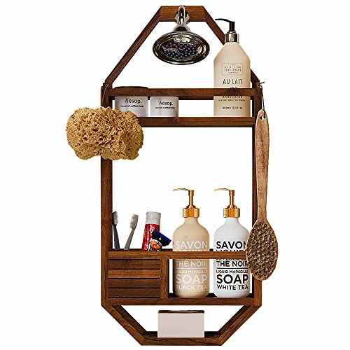 TeakCraft Teak Shower Caddy, Patented Shower Organizer For Bathroom, Non Slip, Indoor and Outdoor, Hanging Organizer, Showerhead, 3 Shelf, The Thoren