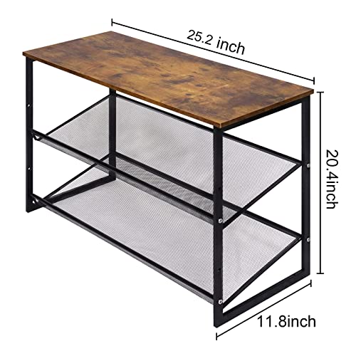 Garden 4 you Shoe Rack for Entryway 3 Tiers 11.8" D x 25" W x 20" H, Metal Shoe Rocks with Brown Wooden Tabletop, Angled Shoes Rack with Adjustable Mesh Shelves for Entryway Hallway Closet - color: Rustic Brown, size: 3-Tiers