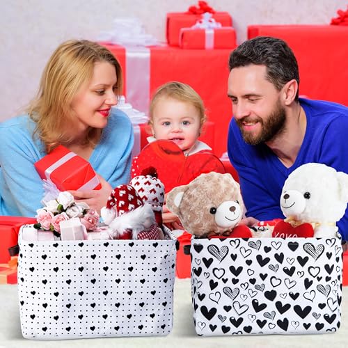 Geelin 3 Pcs Valentines Baskets Storage Valentine's Day Basket for Gifts Collapsible Waterproof Canvas Black and White Heart Storage Bin Organizer with Handles for Book Closet Shelf Nursery Decor - style: Valentines Black and White