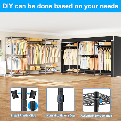 Ulif E13C Max Heavy Duty Closet Organizer System，Freestanding Clothing Racks for Hanging Clothes，Adjustable Garment Rack 86" W x16 D x77 H Hold 1100 lbs，Black Rack with Black Dustproof Cover - color: Black Rack with Black Cover, size: E13C Max