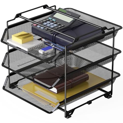 Deco Brothers Stackable Sliding Letter Tray Paper Organizer, 3 Tier, Black