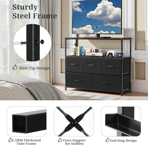 TV Stand, 5 Fabric Drawers Dresser Entertainment Center for TV up to 45 inch Wooden Media Console Table Storage Organizer with Open Shelf, for Living Room, Bedroom, or Small Space, Black - color: Black, size: 5 Drawers