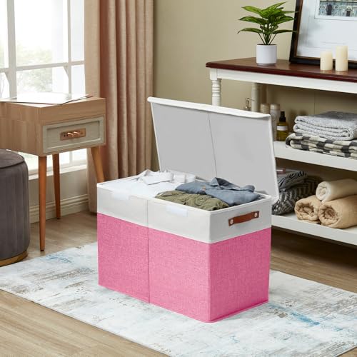 Bagnizer Large Toy Storage Box with Lids, Collapsible Sturdy Baby Storage Organizer Chest Bin Basket for Kids, Boys, Girls, Playroom, Nursery, Bedroom, Closet 25"x13"x16" (Pink and White) - color: Pink and White