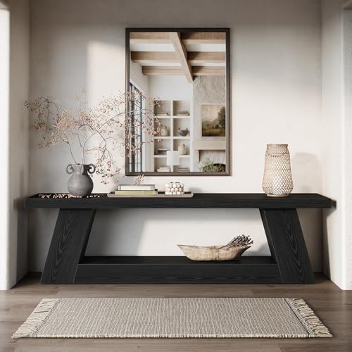 Tribesigns 63" Wooden Entryway Bench with Storage Shelf, Rustic Extra Long Bench, 2-Tier Narrow Hallway Seating Bench for Living Room, Bedroom, Kitchen(Black) - color: Black