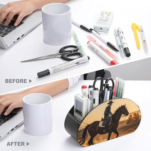 PU Leather Remote Control Organizer Box 5-Slot Multifunctional Cowboys Riding Horses Storage Holder for TV/DVD/Accessories Stylish Desk Decor for Living Room, Bedroom, Office - color: Cowboys riding horses