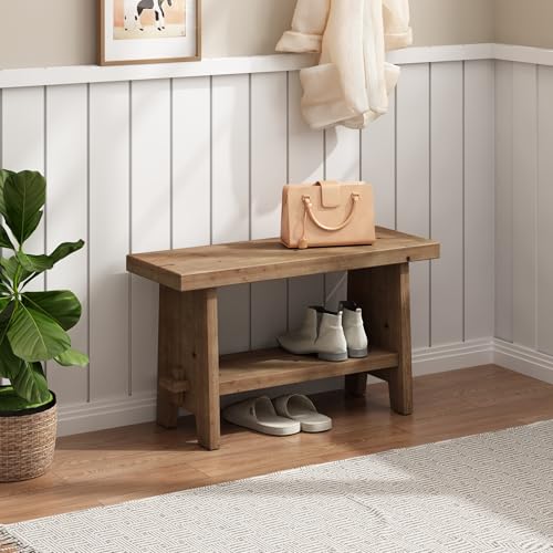 HOKYHOKY Solid Wood Entryway Bench - 31.5" Farmhouse Small Storage Bench, Rustic Narrow Bench Seat for Indoor, Entryway, Dining Room, Living Room and Hallway, Brown - size: 31.5"