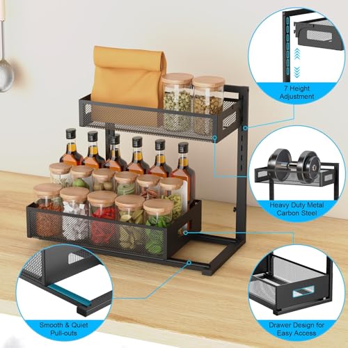 Petiza Under Sink Organizer Pull Out Cabinet Organizer Adjustable Height 2 Tier with Sliding Drawers Kitchen Bathroom Organizer and Storage(1pc) - color: Black, size: Extra Large-1 pack