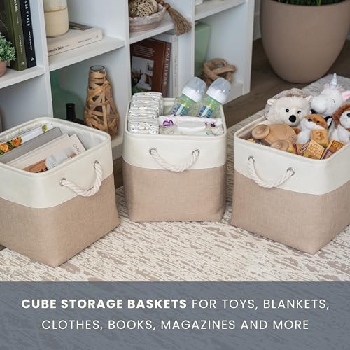OrganiHaus 12x12 Cube Storage Bins 4 Pack, Foldable Cube Storage Organizer w/ Rope Handles, Collapsible Fabric Bins for Toys, Clothes & Closet Organization, Fabric Square Baskets - Beige/White - color: Beige Base / Off-White, size: 4 pcs (12x12)