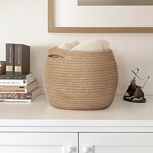 MEGASKET Decorative Wicker Storage Basket, 11" x 9" Indoor Plant Basket for Home Decor, Round Woven Dog Cat Toy Bin with Handle, Bathroom Towel Storage, Jute Planter Holder, Shelf Closet Organizer - color: Jute
