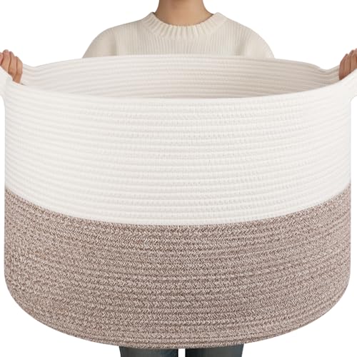 OIAHOMY 90L XXXLarge Blanket Basket for Living Room, 21.7" x 13.8" Woven Cotton Rope Laundry Basket for Organizing Pillows, Decorative Stuffed Animal Toy Storage Bin for Nursery, White and Linen Brown - color: White and Linen Brown, size: 21.7"D x 13.8"H